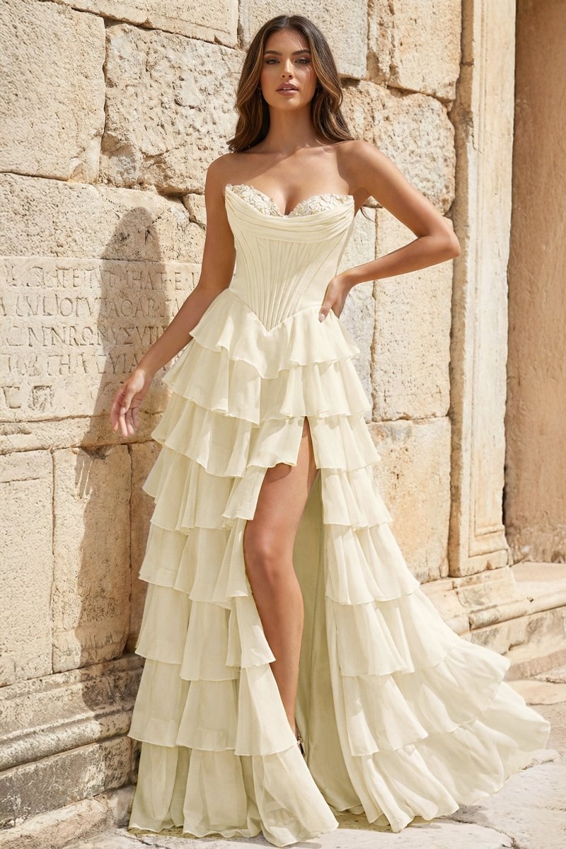 KissProm Strapless A-Line Ruffle Long Prom Dress With Split, Ivory / 8