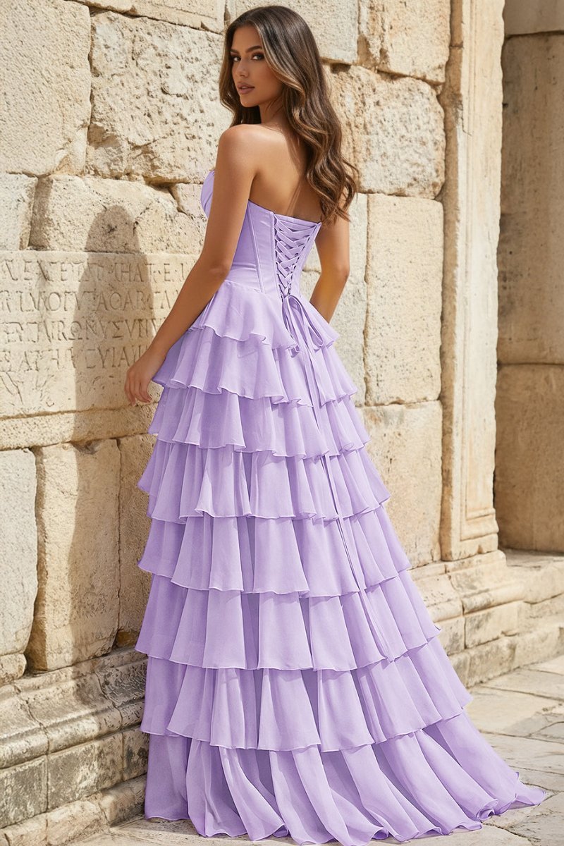 KissProm Strapless A-Line Ruffle Long Prom Dress With Split, Lavender / 00