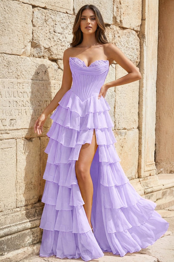 Strapless A - Line Ruffle Long Prom Dress With Split - KissProm