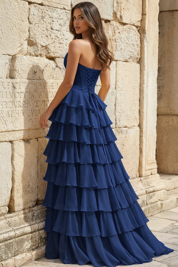 Strapless A - Line Ruffle Long Prom Dress With Split - KissProm