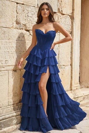 Strapless A - Line Ruffle Long Prom Dress With Split - KissProm