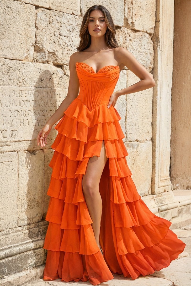 KissProm Strapless A-Line Ruffle Long Prom Dress With Split, Orange / Custom Size