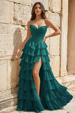 Strapless A - Line Ruffle Long Prom Dress With Split - KissProm