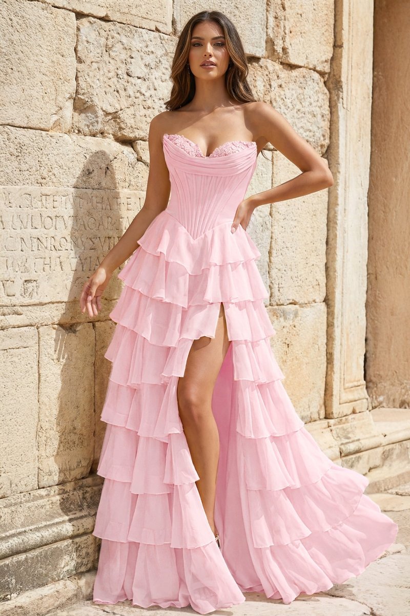 KissProm Strapless A-Line Ruffle Long Prom Dress With Split, Pink / Custom Size