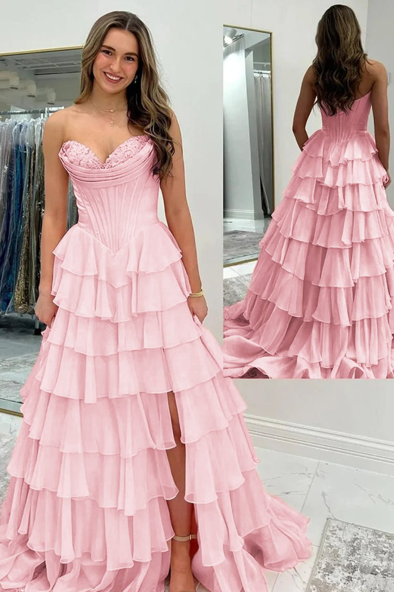 Ardea | Strapless A-Line Ruffle Long Prom Dress With Split -KissProm