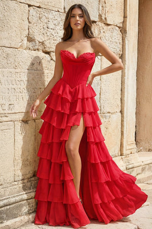 Strapless A - Line Ruffle Long Prom Dress With Split - KissProm
