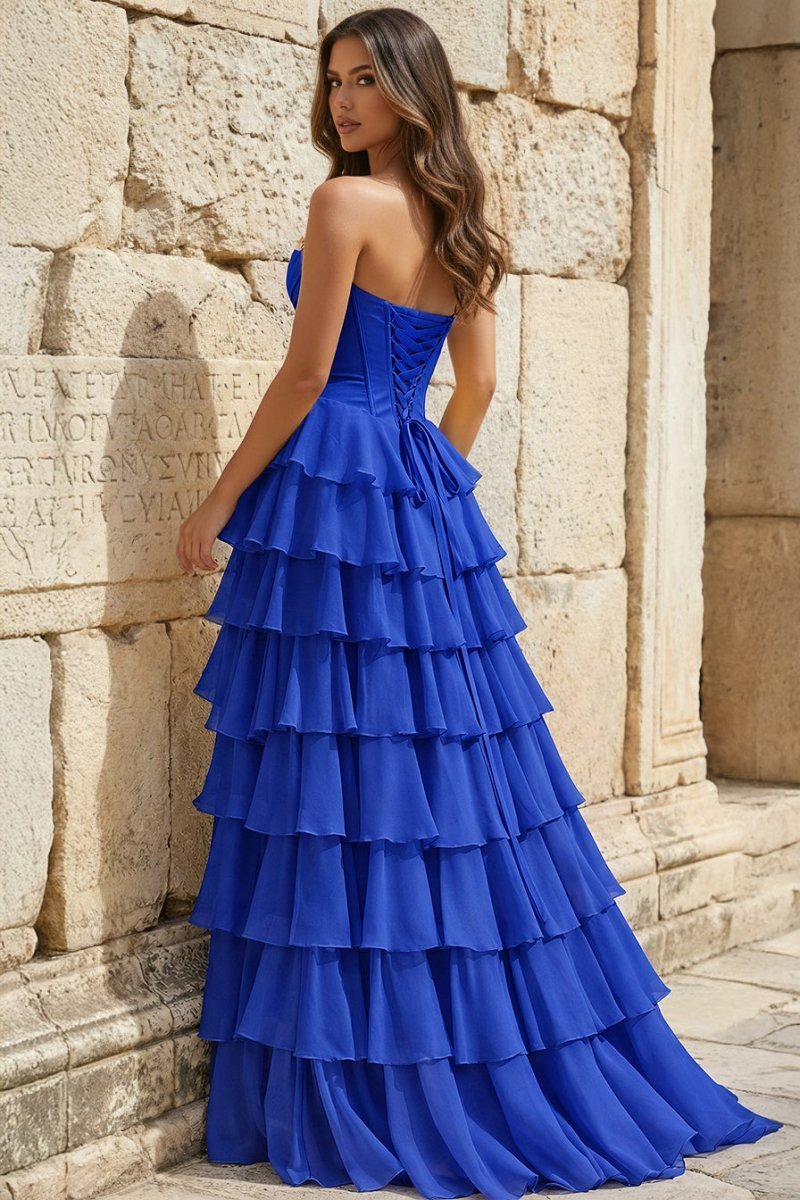 KissProm Strapless A-Line Ruffle Long Prom Dress With Split, Royal Blue / 10