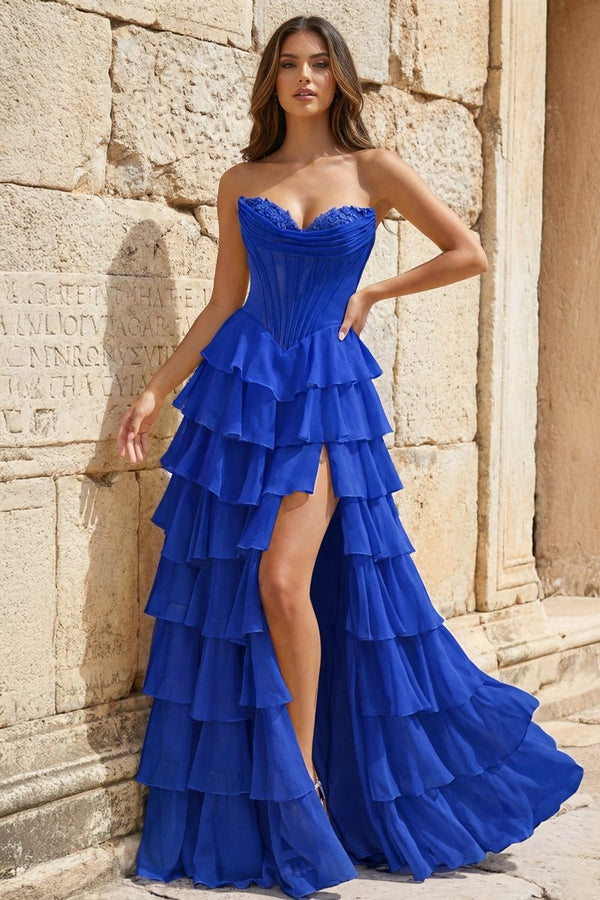 Strapless A - Line Ruffle Long Prom Dress With Split - KissProm