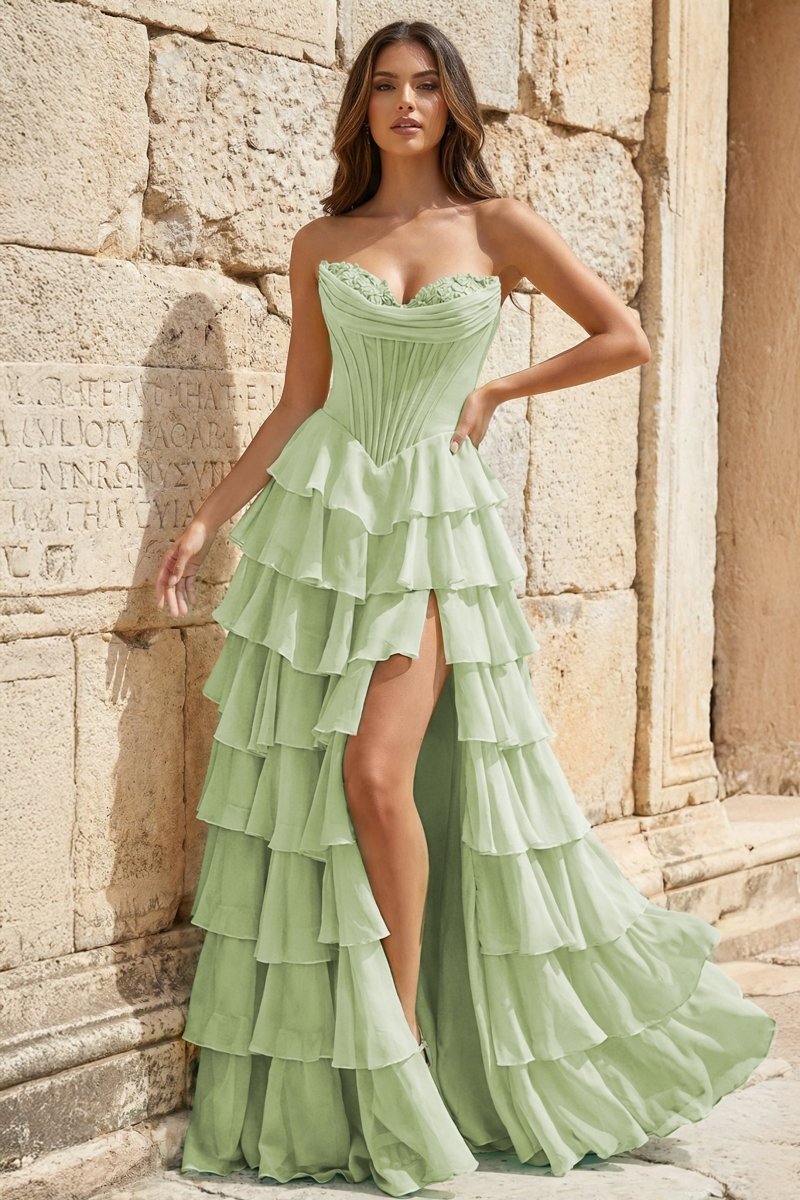 KissProm Strapless A-Line Ruffle Long Prom Dress With Split, Green / 18