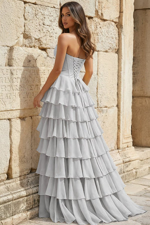 Strapless A - Line Ruffle Long Prom Dress With Split - KissProm