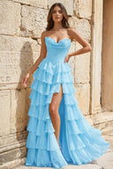KissProm Strapless A-Line Ruffle Long Prom Dress With Split, Sky Blue / 2