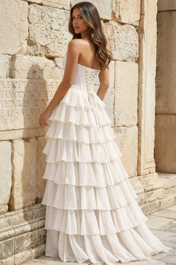 Strapless A - Line Ruffle Long Prom Dress With Split - KissProm