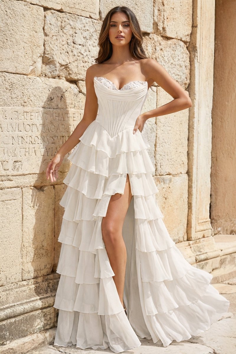 KissProm Strapless A-Line Ruffle Long Prom Dress With Split, White / 18