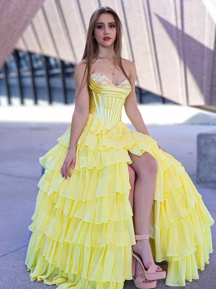 Yellow - Strapless A Line Satin Ruffled Long Prom Dresses With Slit