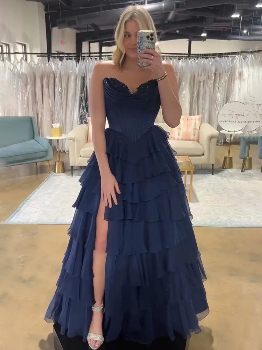 Ardea | Strapless A-Line Ruffle Long Prom Dress With Split