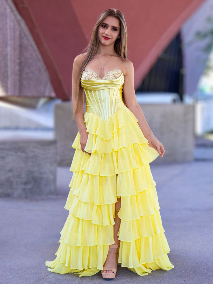 Yellow A Line Strapless Basque Waist Long Prom Dress with Tiered Ruffled Slit Skirt main image 0