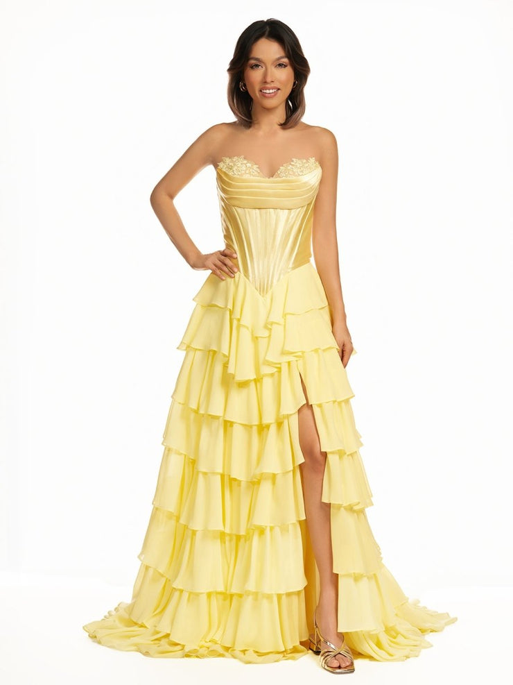 A-Line Retro Strapless Short Sleeves Delicate Floral Prom Dresses with Ruffles main image 1