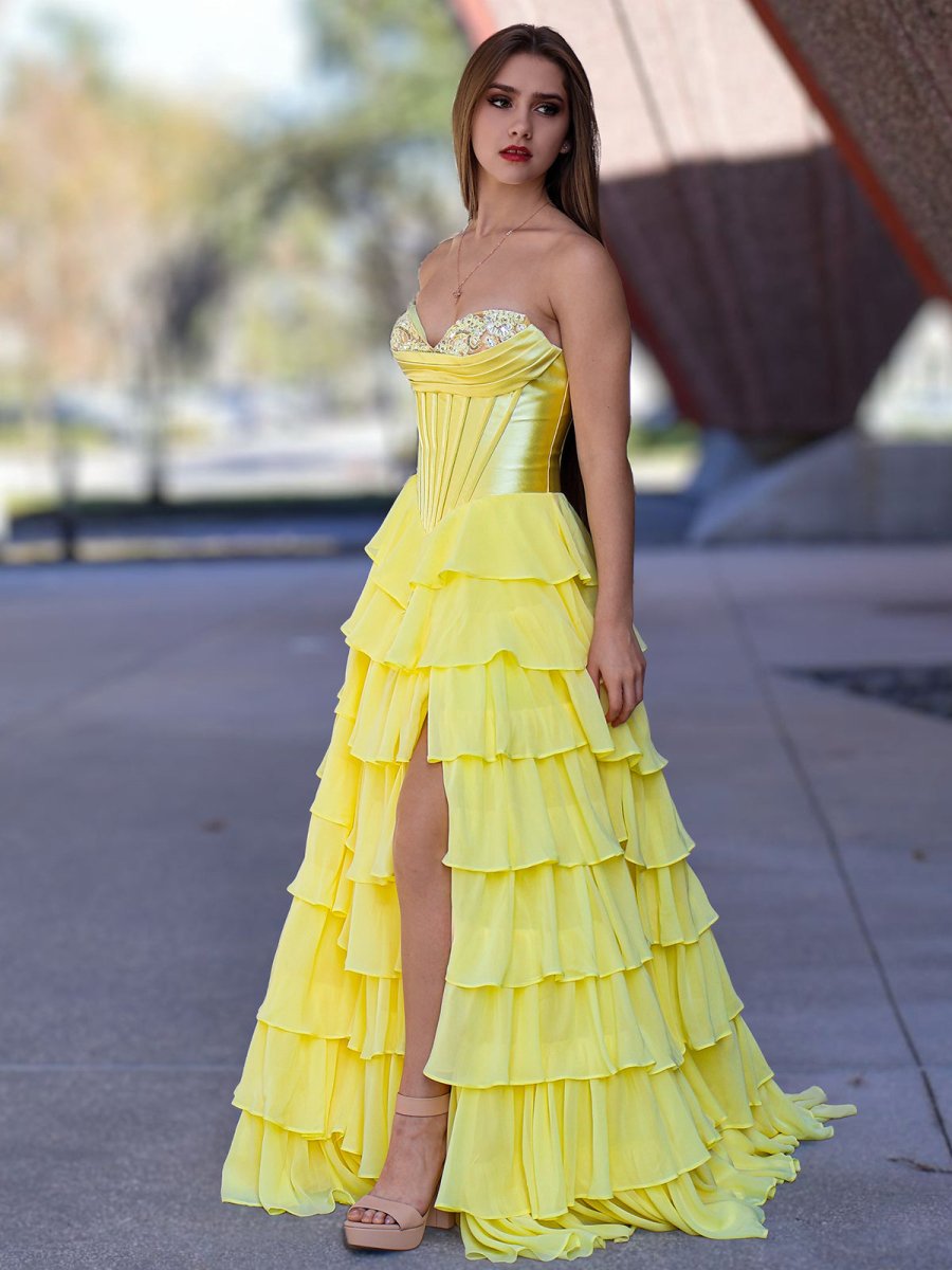 Ardea | Strapless A-Line Ruffle Long Prom Dress With Split