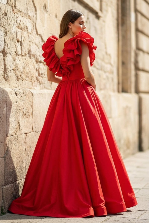 Red Ruffle V Neck Satin A - Line Long Prom Dresses - KissProm