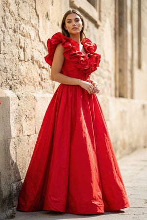 Red Ruffle V Neck Satin A - Line Long Prom Dresses - KissProm