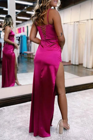 Ariah | Hot Pink Sheath Spaghetti Straps Satin Prom Dress With Split - KissProm