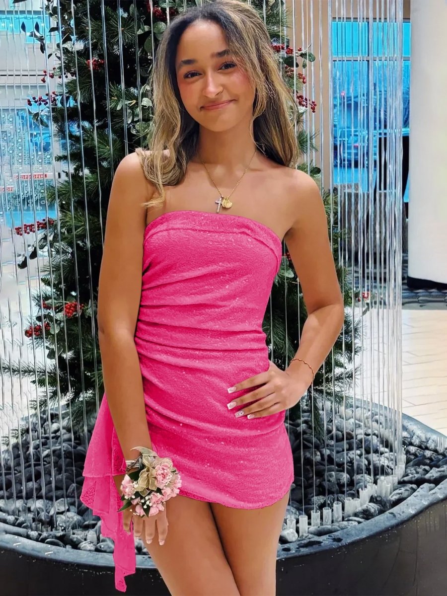 Aris | Hot Pink - Strapless Sheath Sequins Short Homecoming Dresses With Side Train