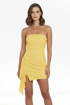 Aris | Yellow - Strapless Sheath Sequins Mini Party Dresses With Side Train - KissProm