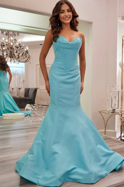 Arisse | Blue - Sweetheart Mermaid Pleated Long Formal Prom Dresses With Appliques - KissProm