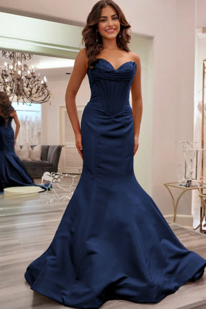 Arisse | Navy Blue - Sweetheart Mermaid Pleated Long Formal Prom Dresses With Appliques - KissProm
