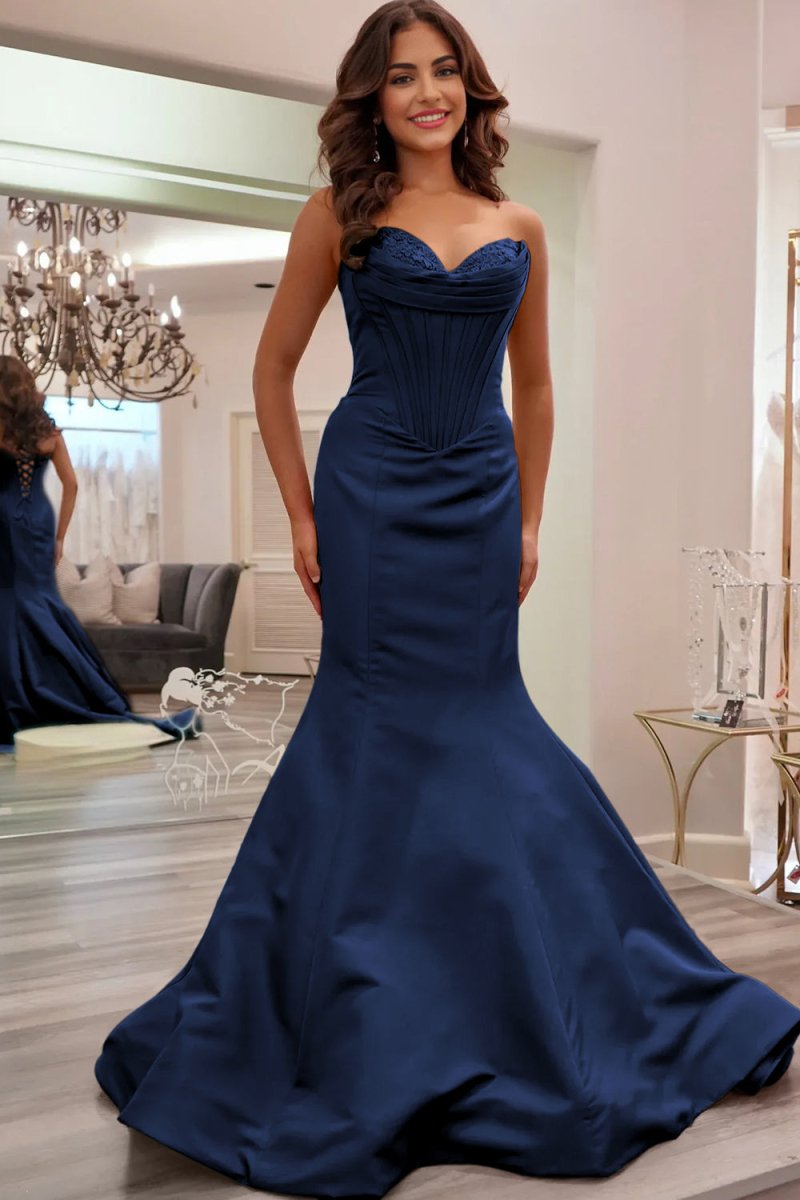 Arisse | Blue - Sweetheart Mermaid Pleated Long Formal Prom Dresses With Appliques - KissProm