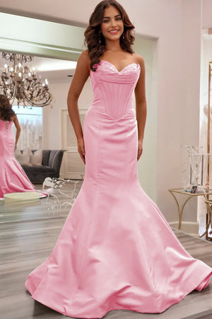 Arisse | Pink - Sweetheart Mermaid Pleated Long Formal Prom Dresses With Appliques - KissProm