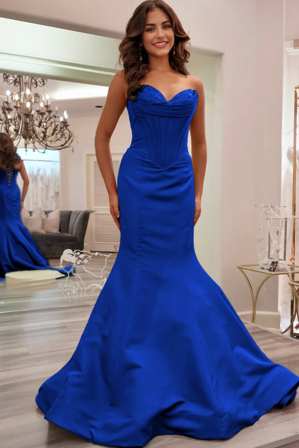 Arisse | Royal Blue - Sweetheart Mermaid Pleated Long Formal Prom Dresses With Appliques - KissProm