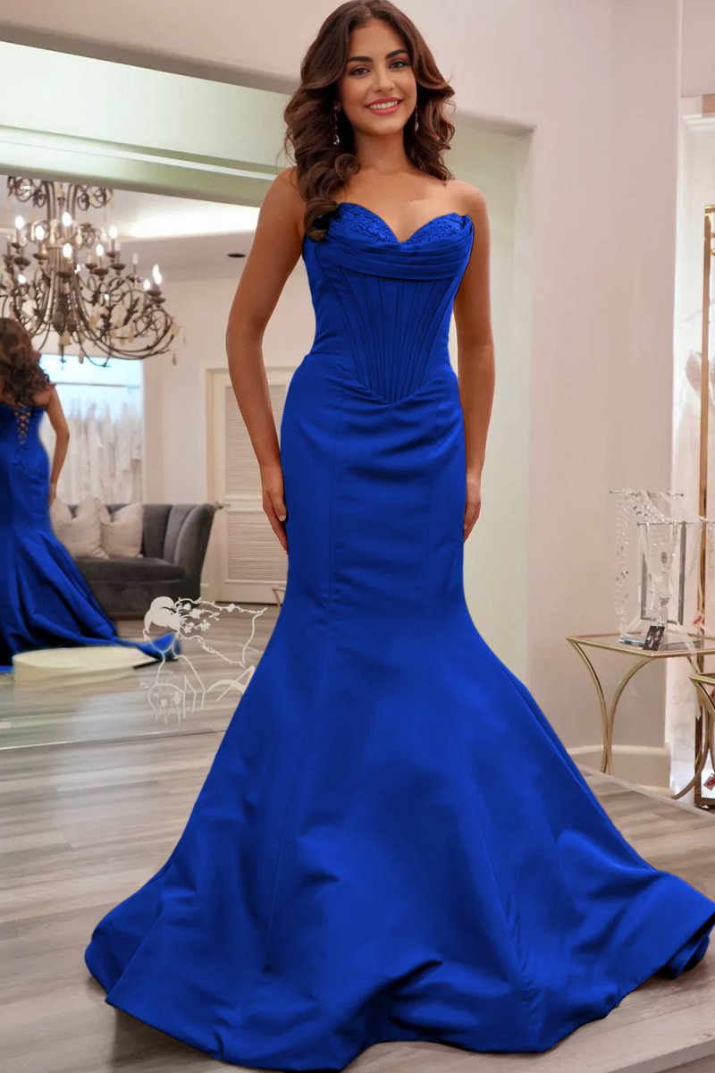 Arisse | Blue - Sweetheart Mermaid Pleated Long Formal Prom Dresses With Appliques - KissProm