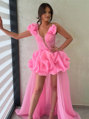 Hot Pink - One Shoulder Organza High Low Homecoming Dress With Ruffles - KissProm