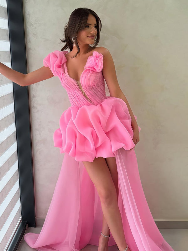 Ariwen | Hot Pink - One Shoulder Organza High Low Homecoming Dress With Ruffles