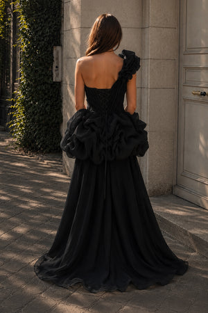 Hot Pink One Shoulder Organza High Low Homecoming Dress With Ruffles