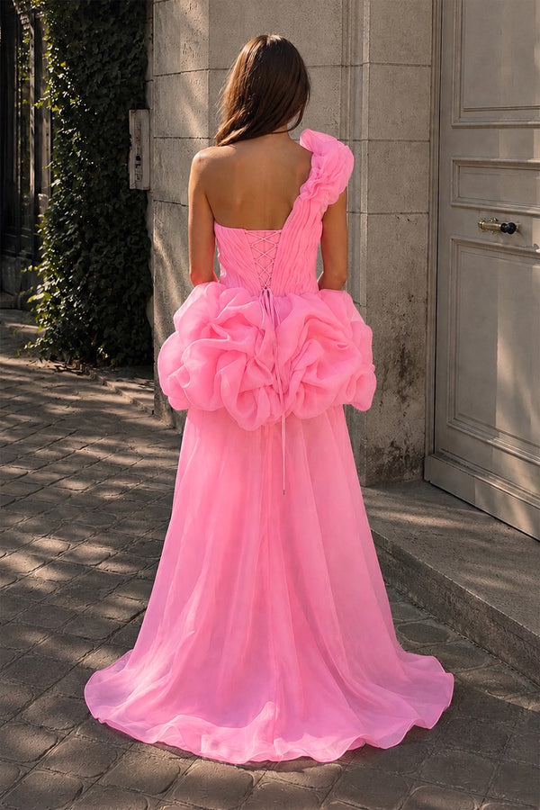 KissProm Hot Pink One Shoulder Organza High Low Homecoming Dress With Ruffles, Hot Pink / 8