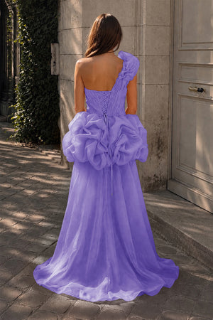 Lavender One Shoulder Organza High Low Homecoming Dress With Ruffles - KISSPROM