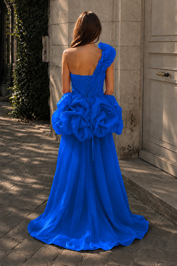 Hot Pink One Shoulder Organza High Low Homecoming Dress With Ruffles