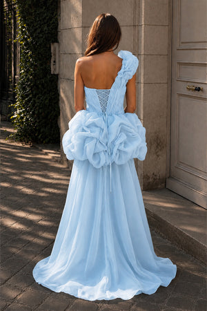 Sky Blue One Shoulder Organza High Low Homecoming Dress With Ruffles - KissProm