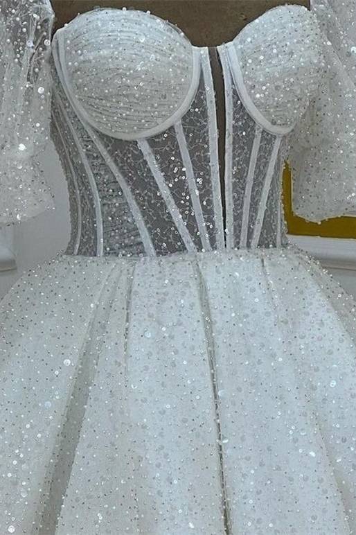 Arlise | Sweetheart White Sequin Short Homecoming Dress With Puff Sleeves