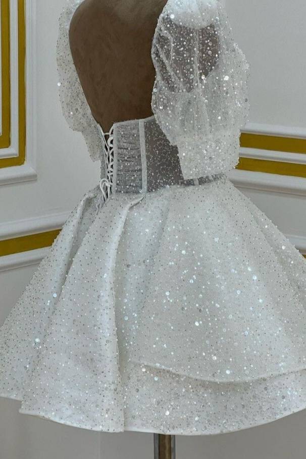 Sweetheart White Sequin Short Homecoming Dress With Puff Sleeves White / 16 Sweetheart White Sequin Short Homecoming Dress With Puff Sleeves White / 16