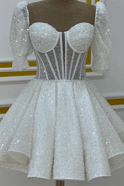 Arlise | Sweetheart White Sequin Short Homecoming Dress With Puff Sleeves