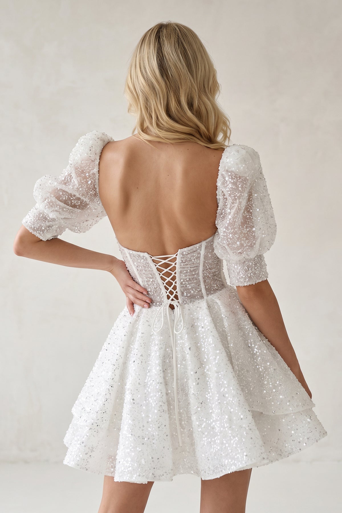 KissProm Sweetheart White Sequin Short Homecoming Dress With Puff Sleeves, White / 16