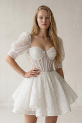 Sweetheart White Sequin Short Homecoming Dress With Puff Sleeves - KissProm