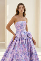 Armina | Lilac - Strapless Floral Printed A Line Long Formal Prom Dresses With Bow - KissProm