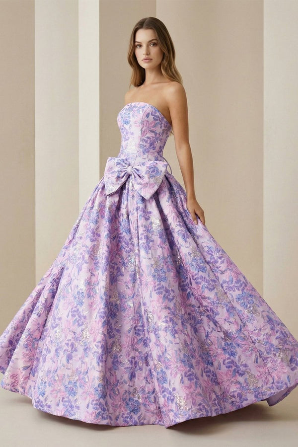 Armina | Lilac - Strapless Floral Printed A Line Long Formal Prom Dresses With Bow - KissProm