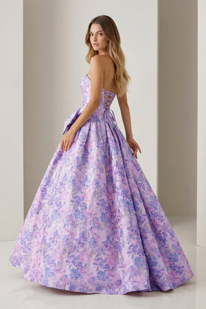 Armina | Lilac - Strapless Floral Printed A Line Long Formal Prom Dresses With Bow - KissProm