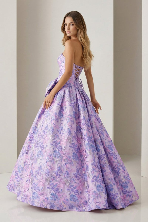 Armina | Lilac - Strapless Floral Printed A Line Long Formal Prom Dresses With Bow - KissProm