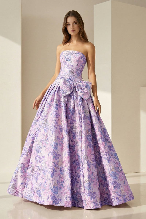 Armina | Lilac - Strapless Floral Printed A Line Long Formal Prom Dresses With Bow - KissProm
